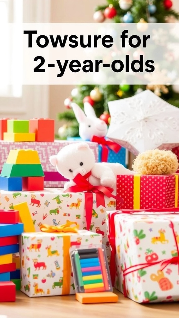 A collection of Christmas gifts for toddlers, including toys and art supplies, under a decorated Christmas tree.